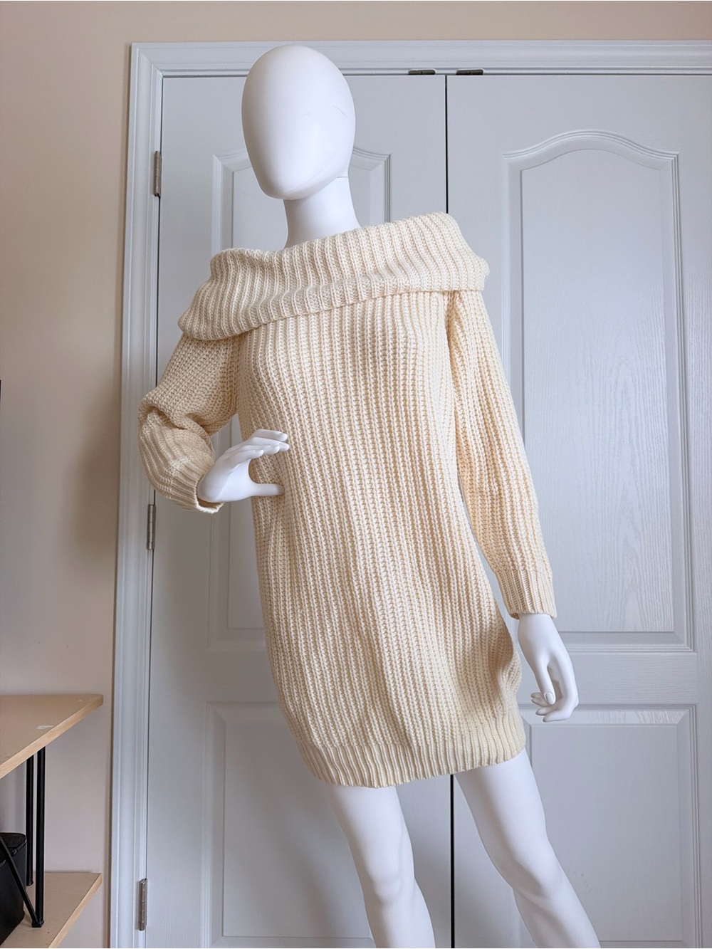 New Fashion Nova Cream Off-the-Shoulder Ribbed Sweater Mini Dress Size M